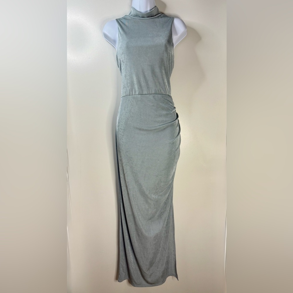 Dee Elly Elegant Mock Neck Silvery Blue Maxi Sleeveless Dress. Size XL. - Picture 3 of 8